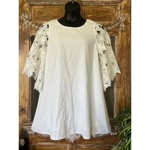 Umgee White Dress with‎ Floral Lace Sleeves Summer Casual Dress Size Large